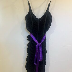 Vintage D&G Black Lace Cocktail Dress with Black Leather Piping and Purple Tie